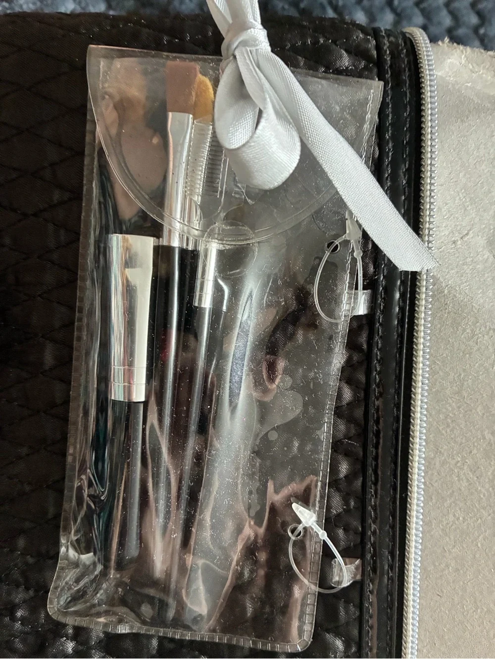 Quilted Black Cosmetic Pouch with Clear Brush Holder and Mirror
